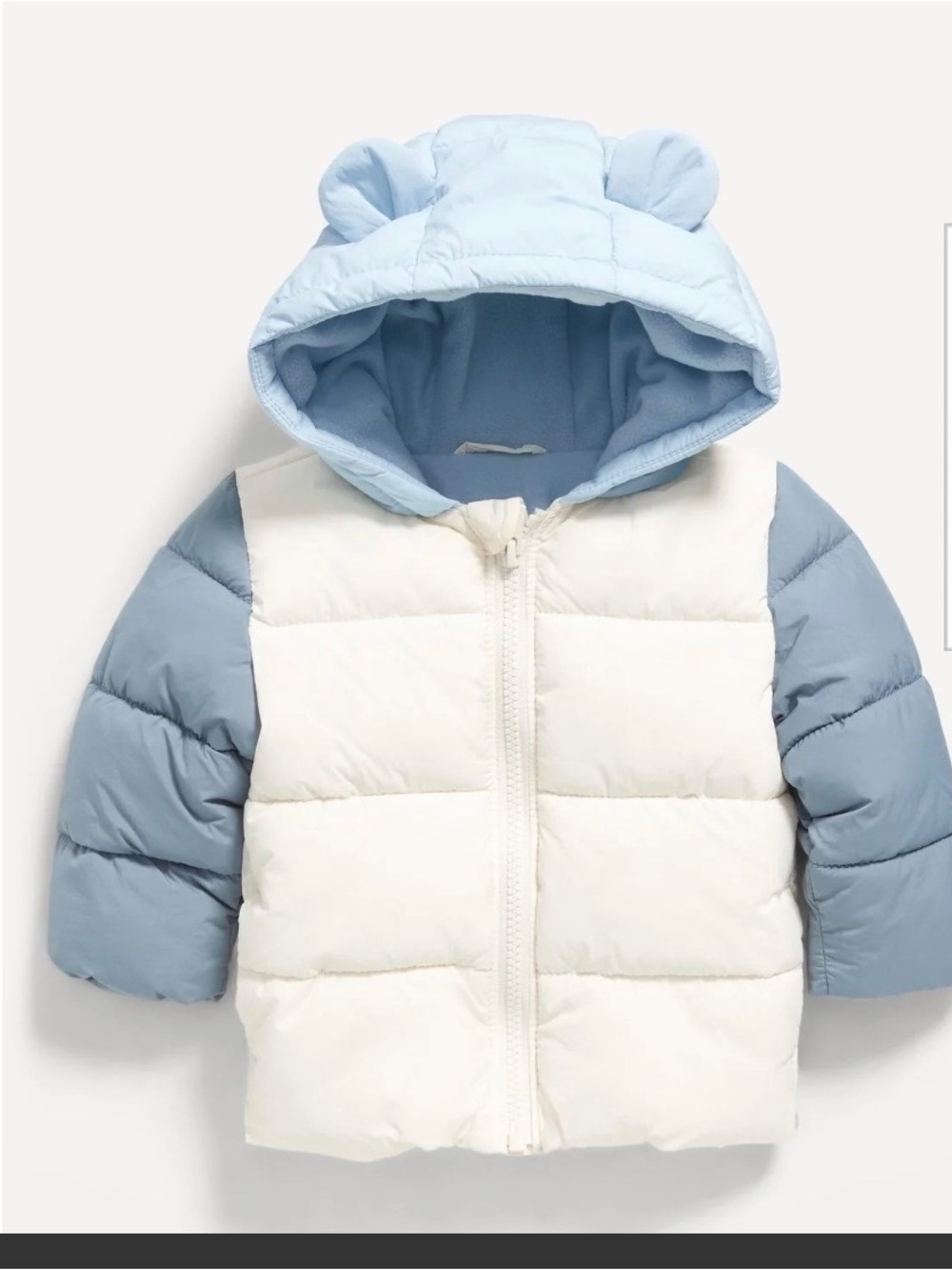 Old Navy Water resistant White and Light Blue Puffer Jacket with Hood